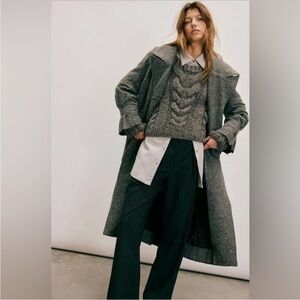 NWT Free People | Women’s Grey Mottled Wool Blend Ruffle Detail Trench Coat Sz S